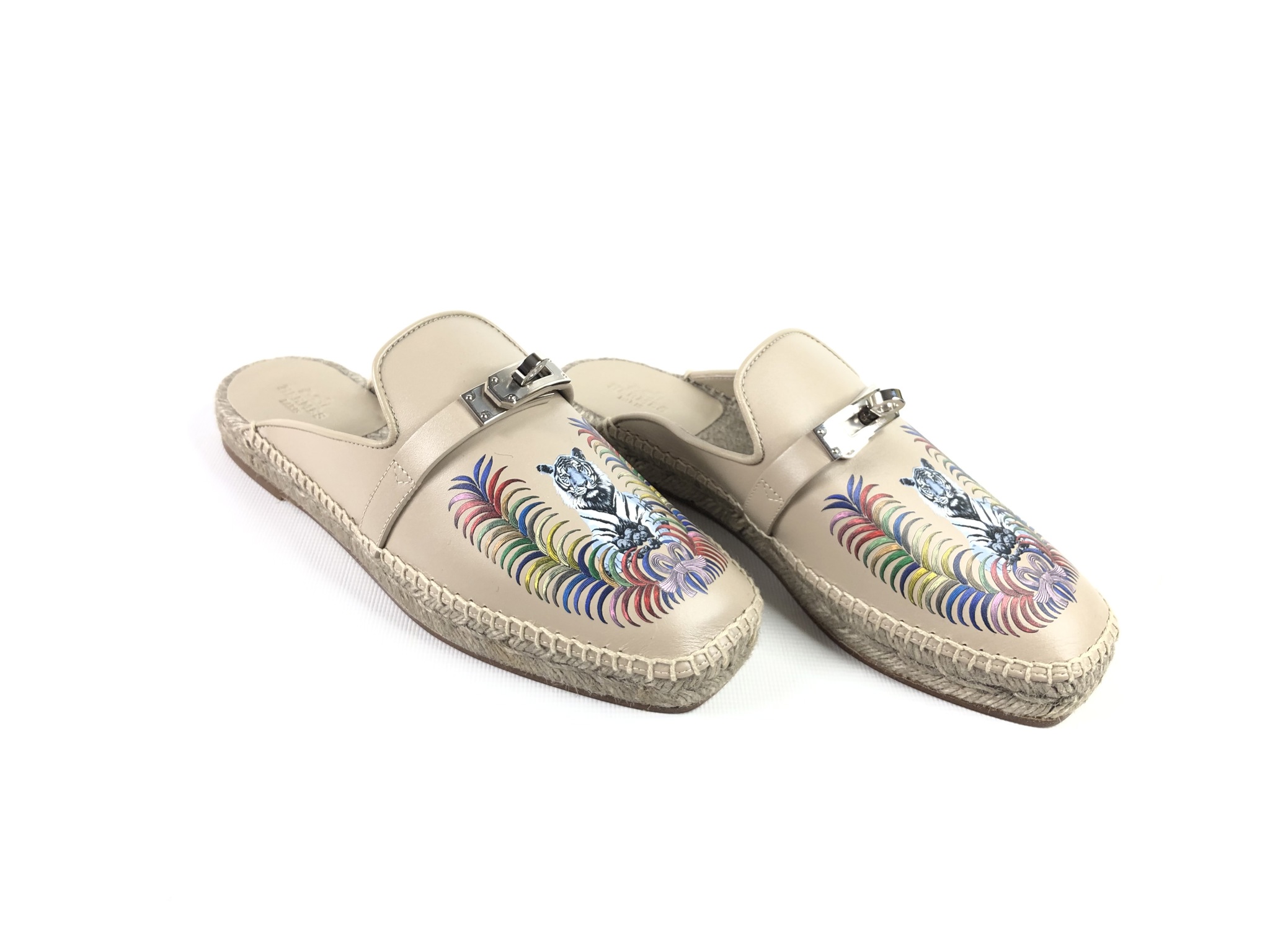 Feria Espadrille (эспадрильи), фурнитура из палладия с принтом «Королевский тигр» HERMES