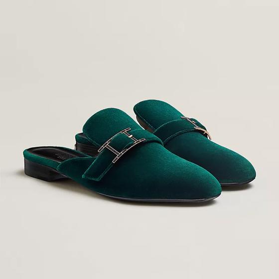 Мюли Beauty Vert Émeraude из бархата со стразами  HERMES